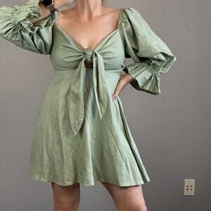 Charlie Holiday Sonny Mini Dress Size 8 Sage Green Linen Cotton Long Puff Sleeve